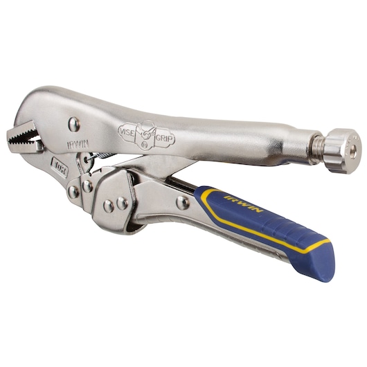 IRWIN IRHT82576 locking pliers with blue and yellow grip, angled on white background.