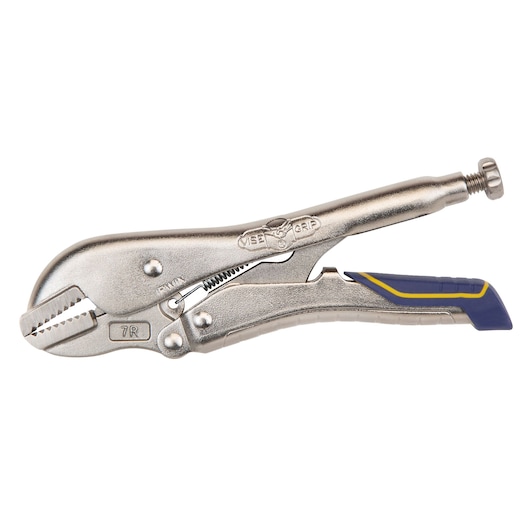 IRWIN IRHT82577 locking pliers with curved jaw, silver finish, blue and yellow handle, side-angle on white background.