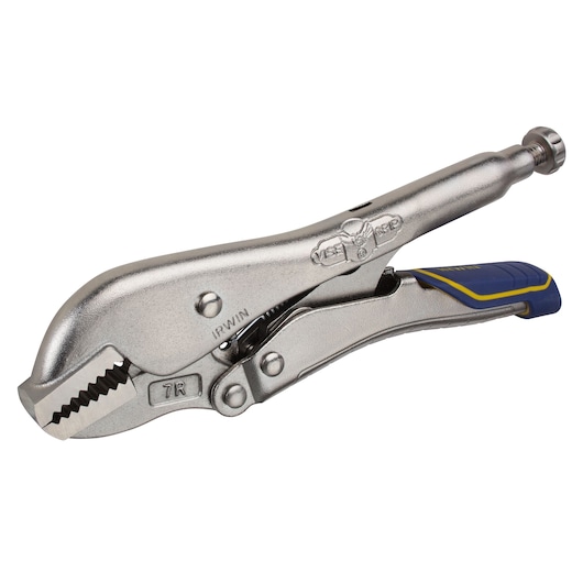 IRWIN IRHT82577 curved jaw locking pliers with blue and yellow handle, side angle on white background.