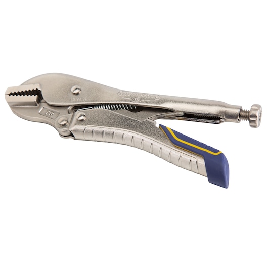 IRWIN IRHT82577 locking pliers with metallic finish, curved jaws, and blue and yellow grip, right-side angle.