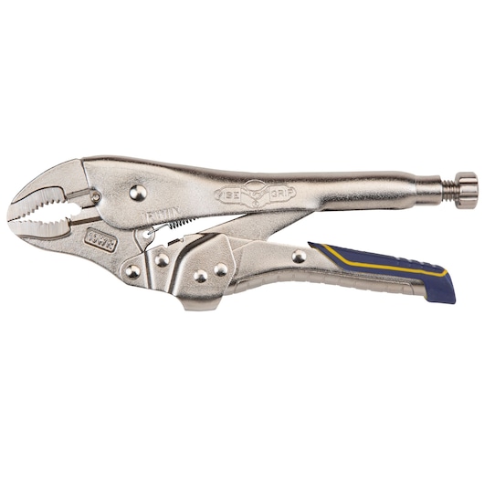 IRWIN locking pliers with nickel finish and blue-yellow grip, side view, photography, IRHT82578