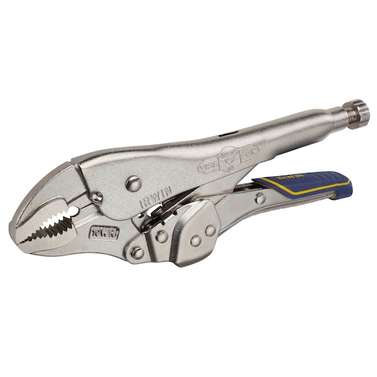 IRWIN IRHT82578 locking pliers with silver finish and blue-yellow grip, side angle on white background.