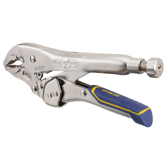 IRWIN locking pliers IRHT82578, silver with blue and yellow handle, side angle on white background.