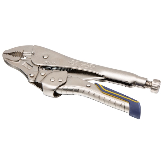 Photo of IRWIN IRHT82578 locking pliers with silver finish and blue and yellow grip, angled on white background.