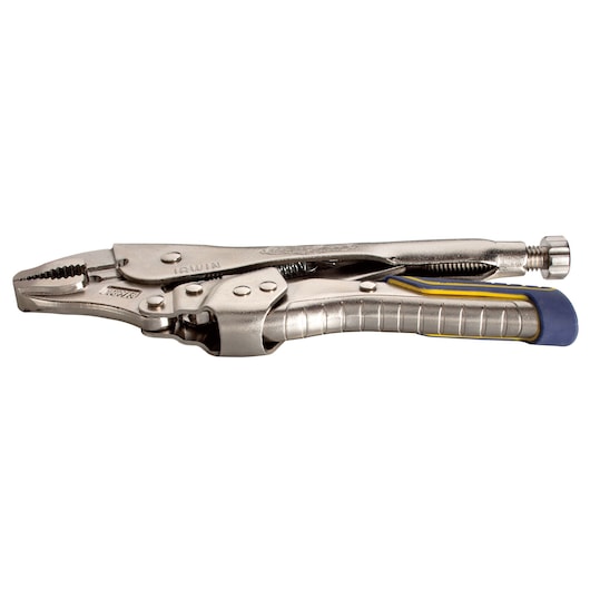 IRWIN locking pliers with metallic body and blue-yellow grip, side view, IRHT82578.