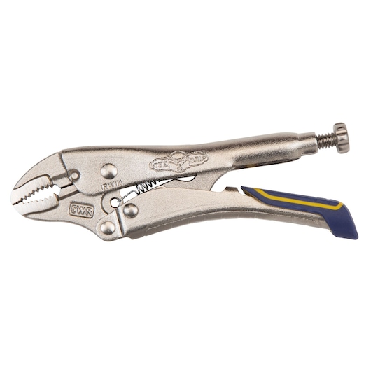 Photo of IRWIN IRHT82581 locking pliers with metallic finish, curved jaws, and blue grip, side angle on white background.