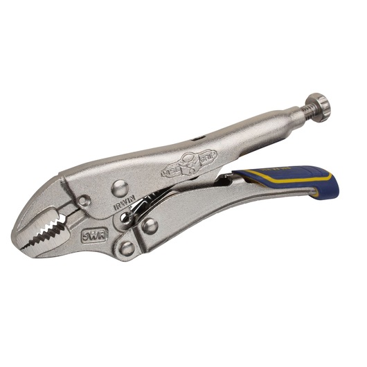 Photo of IRWIN locking pliers with curved jaw and blue-and-yellow handle, SKU IRHT82581, side angle on white background.