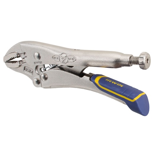 Photo of IRWIN IRHT82581 locking pliers with blue and yellow handle, side view on white background.