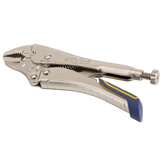 IRWIN locking pliers with curved jaws, silver finish, blue and yellow grip, IRHT82581, side angle photo