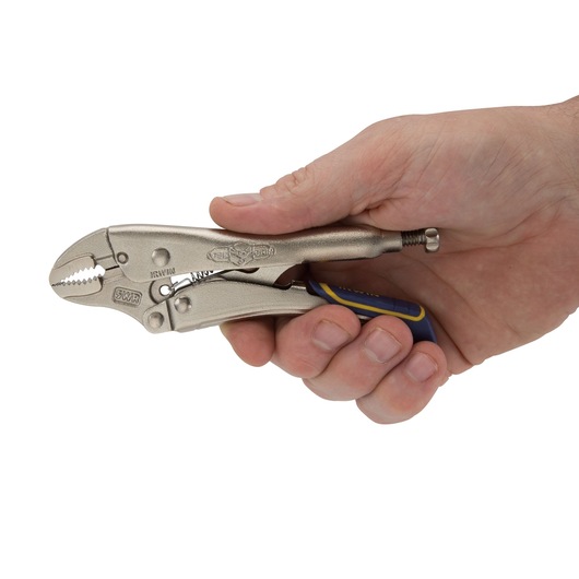 Photo of IRWIN locking pliers IRHT82581 held in a hand, silver finish with blue and yellow handle accents.
