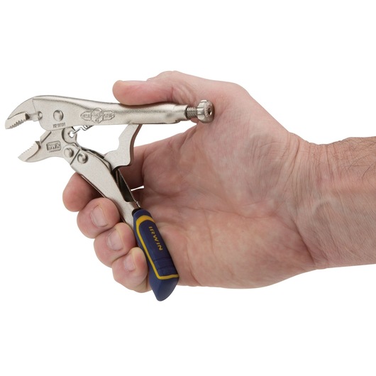 Photo of IRWIN IRHT82581 locking pliers with blue and yellow grip, held in a hand, side angle on white background.