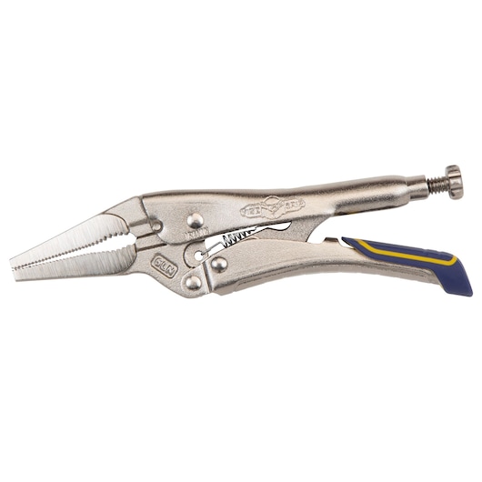 IRWIN IRHT82583 long nose locking pliers, silver metal with blue and yellow grip, side view photo.