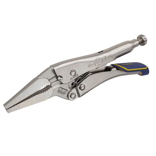 IRWIN IRHT82583 long nose locking pliers with silver body and blue-yellow handle, side angle on white background.