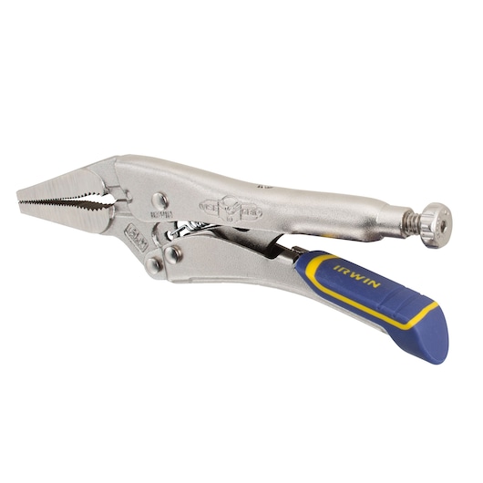 Photo of IRWIN IRHT82583 long nose locking pliers with blue and yellow grip, side angle on white background.