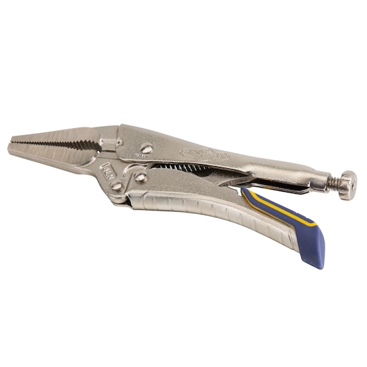 IRWIN IRHT82583 long nose locking pliers with textured jaws and blue-yellow grip, product photography, angled view.