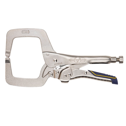 IRWIN IRHT82584 large C-clamp locking pliers with metallic finish, rubber grip, and adjustment screw, side view.