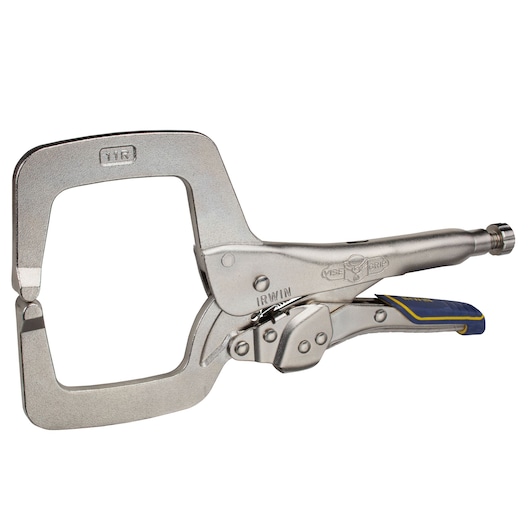 IRWIN IRHT82584 C-clamp locking pliers with wide jaws, silver finish, blue and yellow handle, side angle on white.