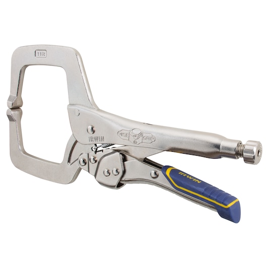 Photo of IRWIN IRHT82584 C-clamp locking pliers with blue and yellow handle, side angle on white background.