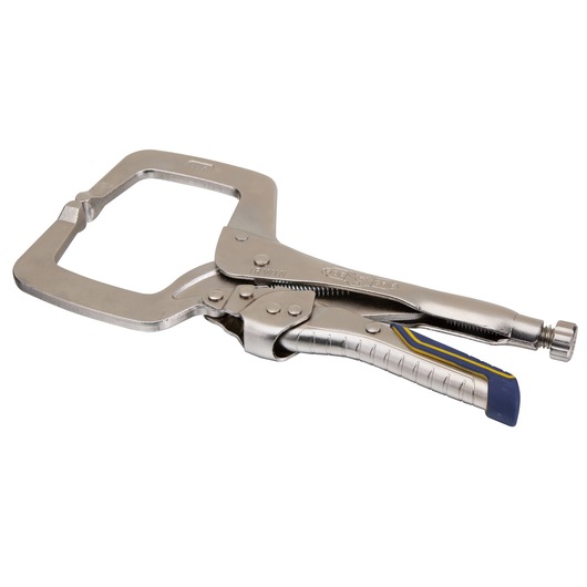 IRWIN IRHT82584 metal C-clamp locking pliers with blue and yellow grip, angled on white background.