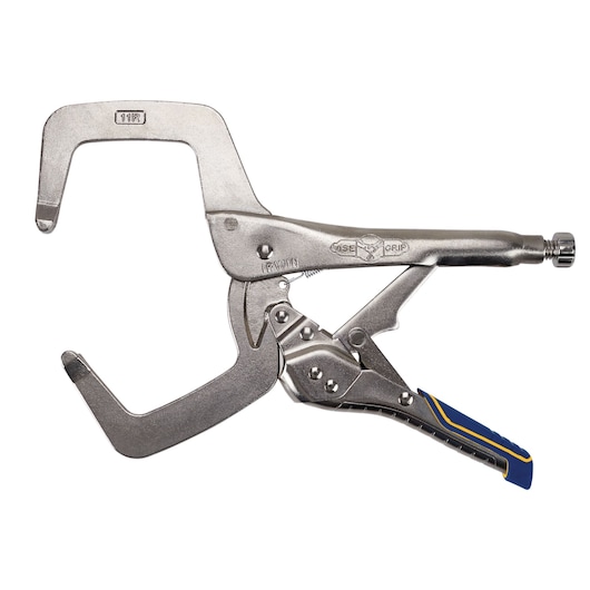 IRWIN IRHT82584 C-clamp locking pliers, silver metal with blue and yellow handle, side angle on white background.