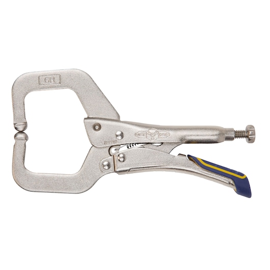 IRWIN C-clamp locking pliers with metal finish and blue-yellow handle, SKU IRHT82585, side angle.