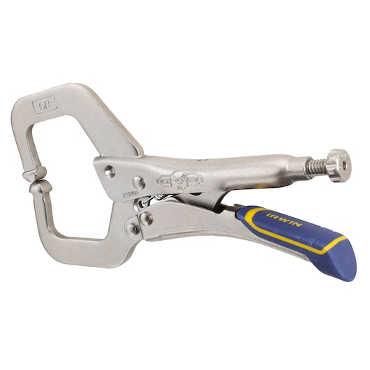 IRWIN IRHT82585 C-clamp locking pliers with metallic body and blue and yellow handle, right side view on white background.