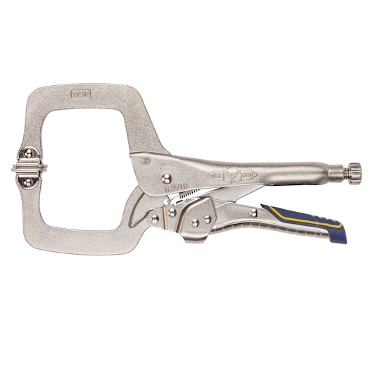 IRWIN IRHT82586 C-clamp locking pliers with wide jaw and blue grip, side view on white background.