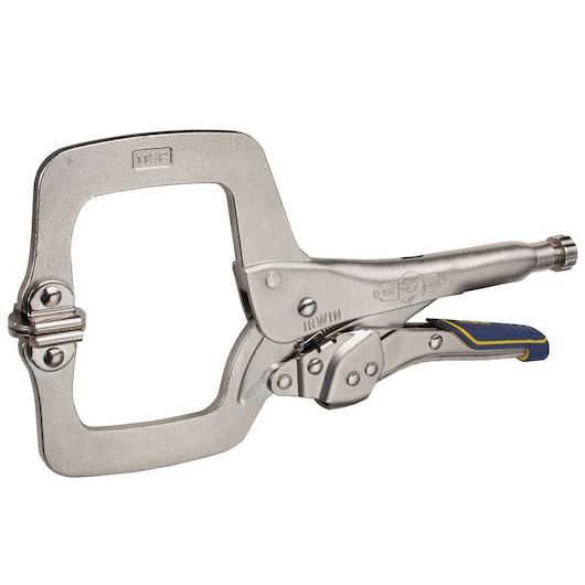 IRWIN IRHT82586 C-clamp locking pliers with wide jaw, silver metal, blue and yellow handle, left side view.