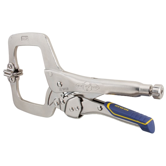 IRWIN IRHT82586 C-clamp locking plier with metallic body and blue-yellow grip, side angle on white background.