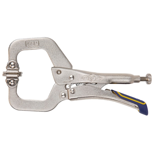 IRWIN IRHT82587 C-clamp locking pliers with metallic finish, blue and yellow handle, side view on white background.