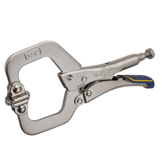 IRWIN IRHT82587 metal C-clamp locking pliers with blue and yellow handle, side angle, on white background.