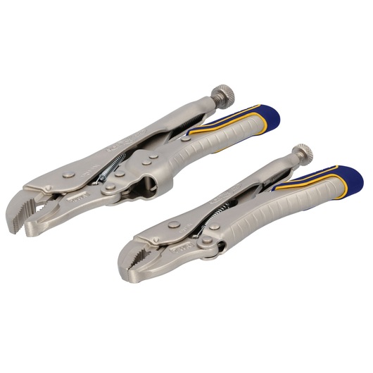 IRWIN IRHT82590 locking pliers set, two silver pliers with blue and yellow grips, product side angle, white background.