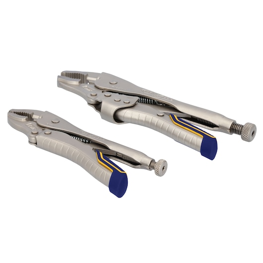 IRWIN locking pliers set IRHT82590, silver with blue and yellow grip, angled on white background.