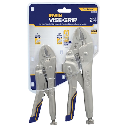 IRWIN VISE-GRIP locking pliers set, two silver pliers with blue and yellow handles, front packaging, IRHT82590.