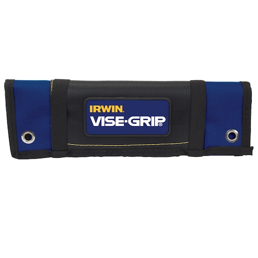 IRWIN IRHT82591 tool roll pouch, black and blue fabric with VISE-GRIP branding, photographed on white background.