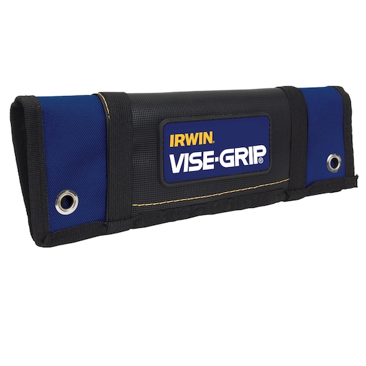 IRWIN IRHT82591 tool roll in blue and black fabric, grommet holes on ends, VISe-GRIP logo, front angle.