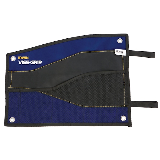 IRWIN VISE-GRIP tool roll, SKU IRHT82591, black and blue fabric with mesh pocket, top-down view on white background.