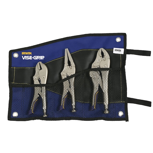 IRWIN IRHT82591 locking plier set in blue and black mesh pouch, front angle on white background.