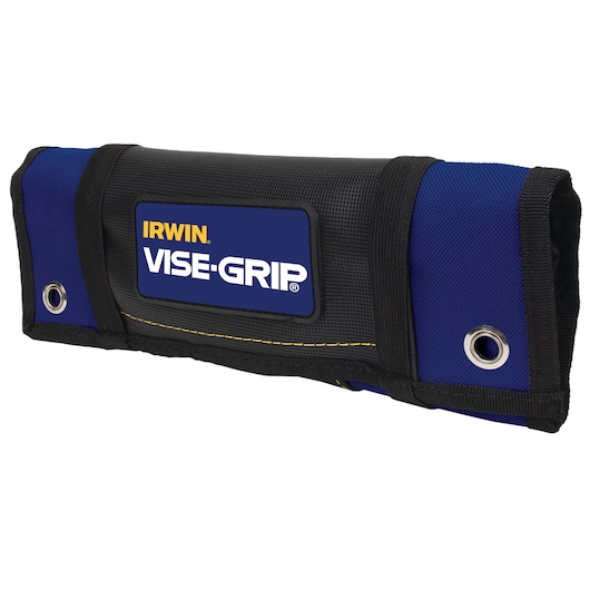 Photo of IRWIN tool roll IRHT82592 in blue and black fabric with metal grommets and VISE-GRIP logo, angled view.