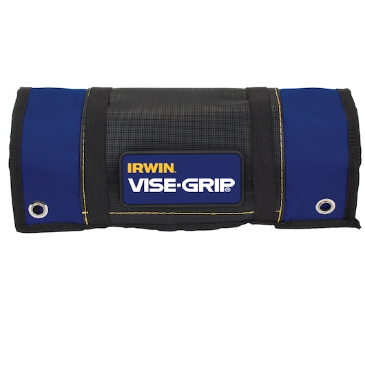 Photo of IRWIN tool roll bag SKU IRHT82595, black and blue with VISE-GRIP logo, front view on white background.
