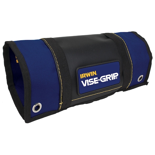 Photo of IRWIN blue and black tool roll with VISE-GRIP branding, yellow stitching, and metal-reinforced grommets IRHT82595.