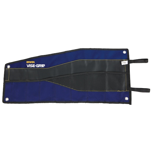 IRWIN tool roll IRHT82595 with blue and black fabric, mesh pockets, yellow stitching, top-down view.