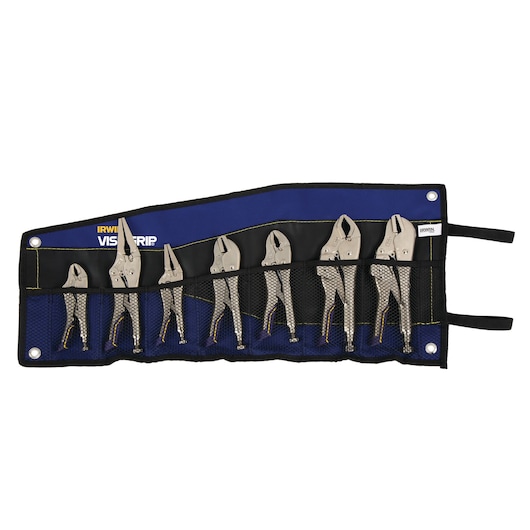 IRWIN IRHT82595 locking pliers set in a blue and black roll-up pouch, seven metal pliers visible, front angle.