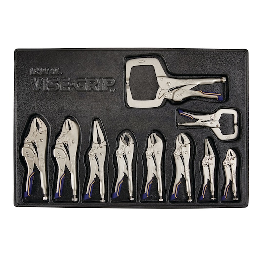 Photo of IRWIN VISE-GRIP locking pliers set IRHT82596, ten silver tools in black tray, top-down angle.