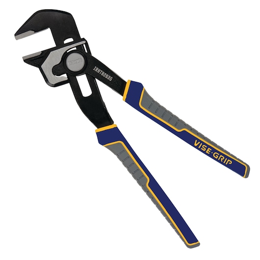 IRWIN adjustable groove joint pliers IRHT82635 with blue and yellow handles, angled view on white background.