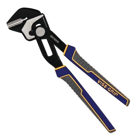 IRWIN IRHT82636 VISE-GRIP groove joint pliers, blue and gray handles, angled product photo.