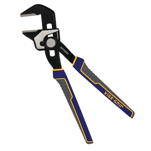 IRWIN IRHT82636 adjustable groove joint pliers with blue and yellow VISE-GRIP handle, front view, white background.