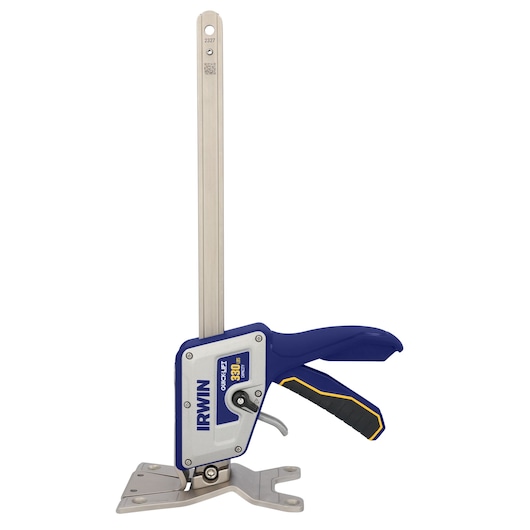 IRWIN IRHT83100 quick-lift bar clamp with blue handle, side angle, on white background.