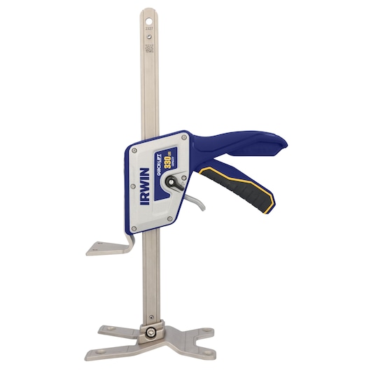 Photo of IRWIN IRHT83100 3D corner clamp with blue and silver metal body, shown on white background, side angle.