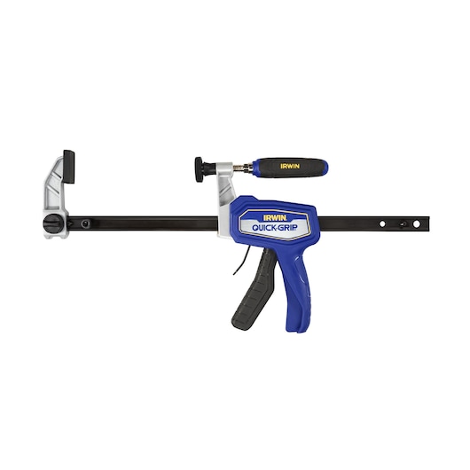 IRWIN IRHT83500 blue and black QUICK-GRIP bar clamp, side angle, on white background.